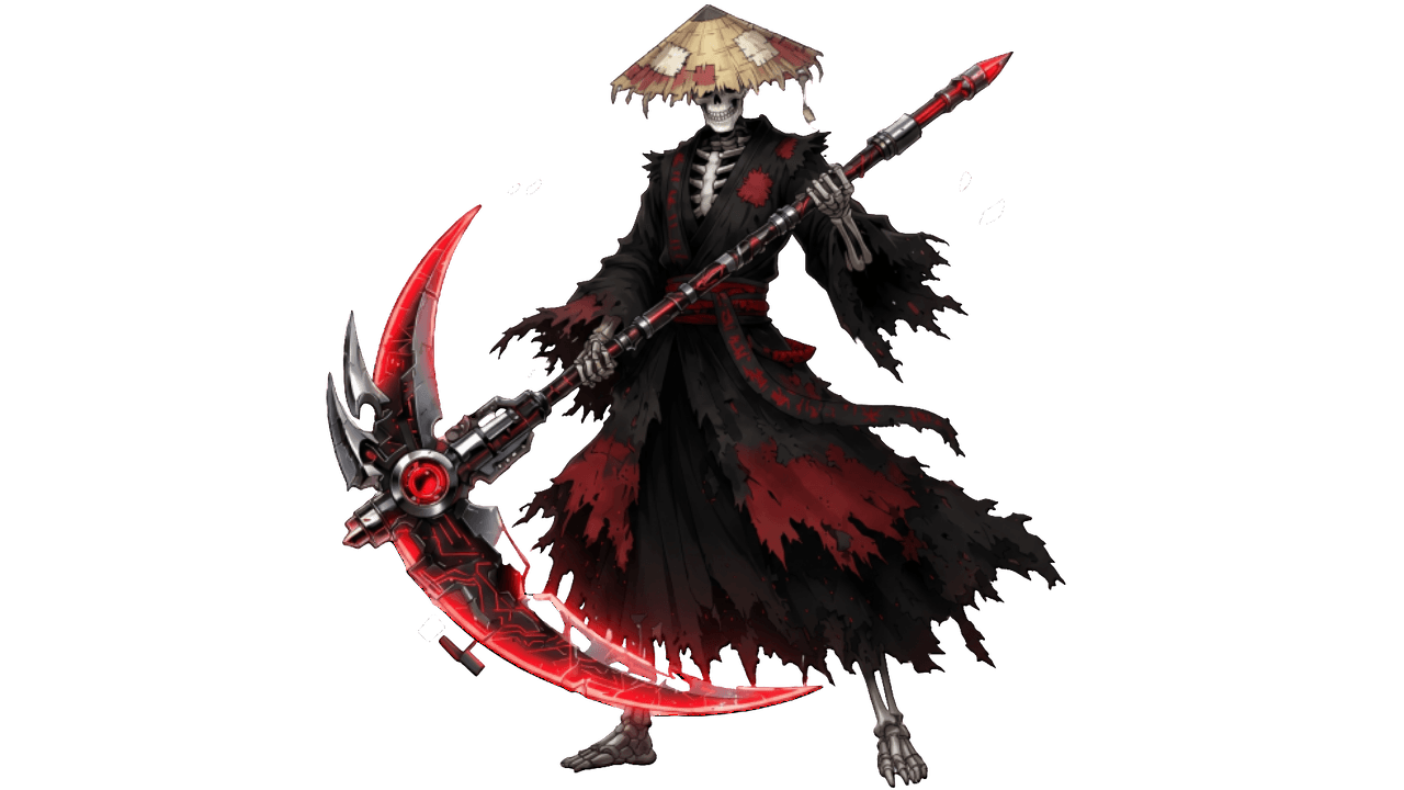 Marmilin mascot — skeleton in black and red robes with rice paddy hat and scythe